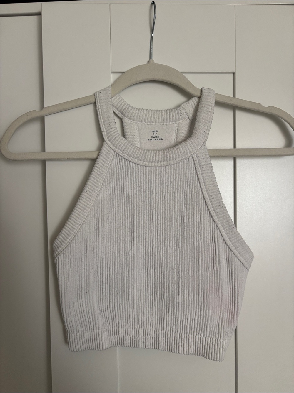 aerie White Ribbed Halter Crop Tank